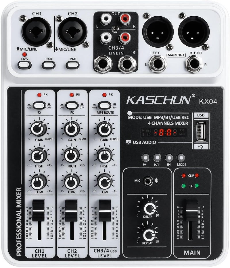 Kaschun Professional Audio Mixer Sound Board, 4 Channel Bluetooth Mixing Console with Effect, USB MP3 Computer Input, 48v Phantom Power, Portable Small DJ Mixer for Karaoke Home Recording Podcasting Streaming - Image 1